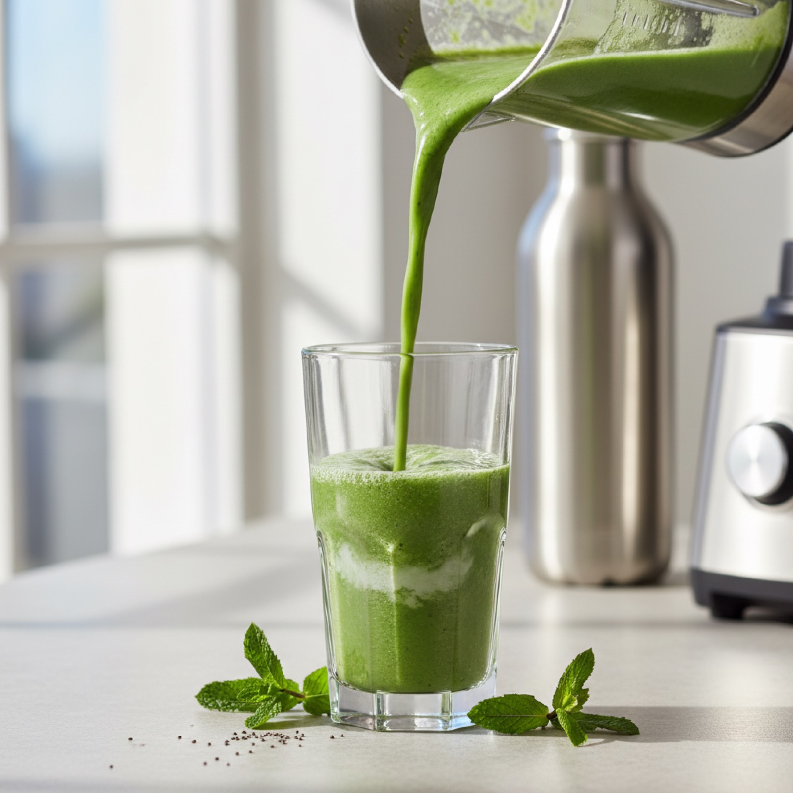 Smoothie vert versé dans un verre