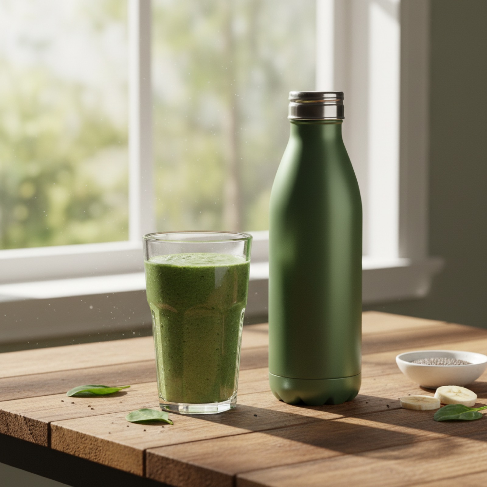 Smoothie et gourde près d'une fenêtre